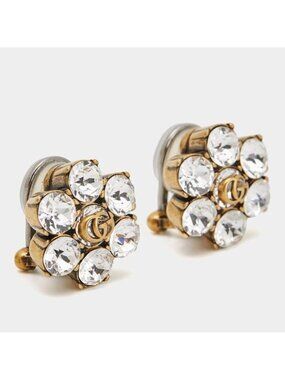 NEW GUCCI Metal Crystal Double G Clip On Earrings Aged Gold $495
